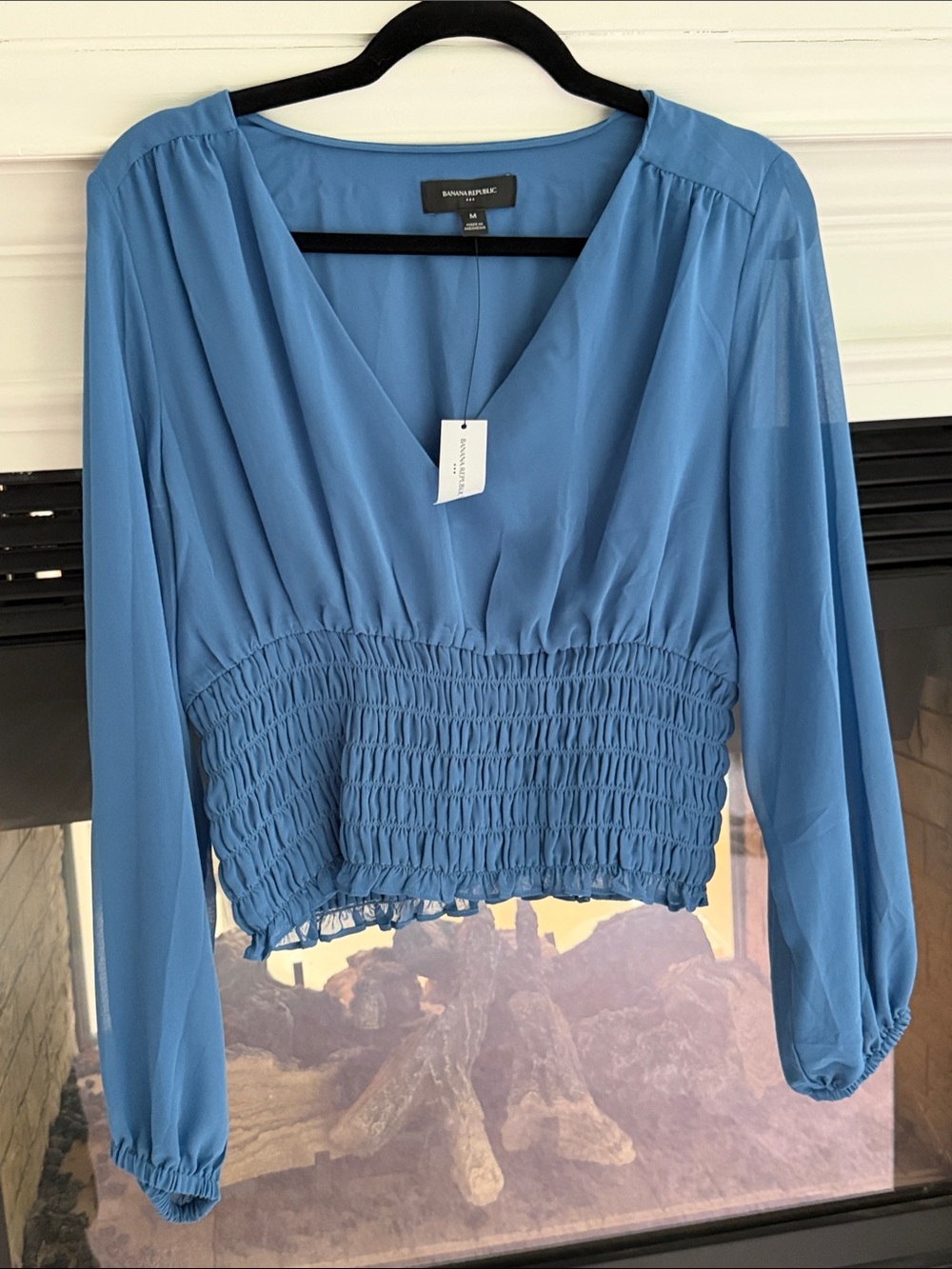 NWT: Banana Republic Sky Blue V-Neck Smocked-Waist Blouse size M